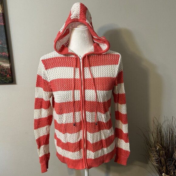 Quacker Factory Women Hooded Zip Swimsuit Beach Cover Up Striped Pink White Sz M - Picture 1 of 5